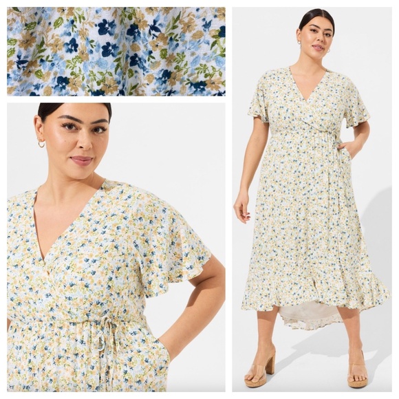 New Torrid Sz 2X 18 20 Midi Maxi Dress Ditsy Floral Slub Surplice Wrap Swing - Picture 1 of 5